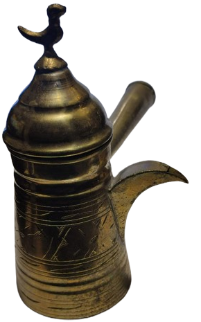 KAPAK KISMI KUŞLU SAPLI MIRRA SARI ÜZERİ EL KALEM İŞCİLİKLİ GAGA UCLU CEZVE ÖMER BAKIR ŞANLIURFA 5251 USTA DAMGALI KAHVE CEZVESİ 