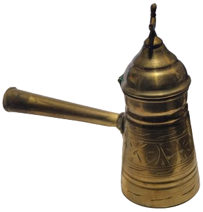 KAPAK KISMI KUŞLU SAPLI MIRRA SARI ÜZERİ EL KALEM İŞCİLİKLİ GAGA UCLU CEZVE ÖMER BAKIR ŞANLIURFA 5251 USTA DAMGALI KAHVE CEZVESİ 