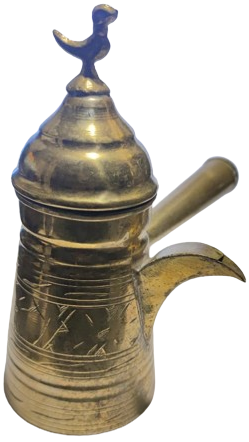 KAPAK KISMI KUŞLU SAPLI MIRRA SARI ÜZERİ EL KALEM İŞCİLİKLİ GAGA UCLU CEZVE ÖMER BAKIR ŞANLIURFA 5251 USTA DAMGALI KAHVE CEZVESİ 