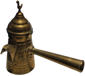 KAPAK KISMI KUŞLU SAPLI MIRRA SARI ÜZERİ EL KALEM İŞCİLİKLİ GAGA UCLU CEZVE ÖMER BAKIR ŞANLIURFA 5251 USTA DAMGALI KAHVE CEZVESİ 