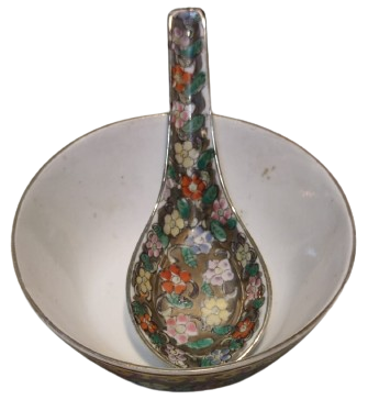 CİN CORBA TAKIMI PORSELEN ÜZERİ CİCEKLİ KASE KAŞIK TOPLAM İKİ PARCA DAMGALI 