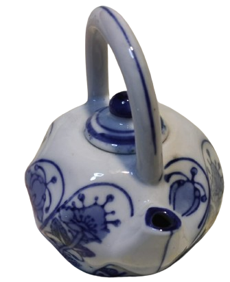 PORSELEN UFAK TİRYAKİ KAPAKLI DEMLİK TAMAMI EL BOYAMA EL İŞCİLİKLİ MAVİ BEYAZ 