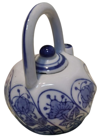 PORSELEN UFAK TİRYAKİ KAPAKLI DEMLİK TAMAMI EL BOYAMA EL İŞCİLİKLİ MAVİ BEYAZ 