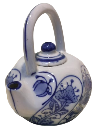 PORSELEN UFAK TİRYAKİ KAPAKLI DEMLİK TAMAMI EL BOYAMA EL İŞCİLİKLİ MAVİ BEYAZ 