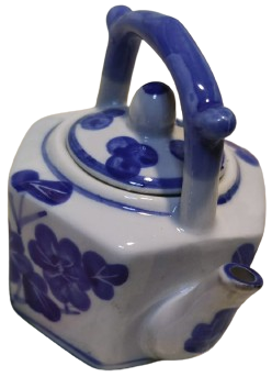 PORSELEN UFAK TİRYAKİ KAPAKLI DEMLİK TAMAMI EL BOYAMA EL İŞCİLİKLİ MAVİ BEYAZ 