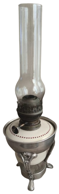 1900 VİKTORYA DÖNEMİ MATADOR 20 BEC PİRİNC YUVARLAK MAKİNE FİTİL  PORSELEN DEPO METAL GÜMÜŞ KAPLAMA ÜC AYAK KAİDE CAM ŞİŞELİ GAZ LAMBASI