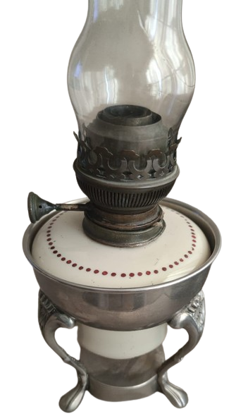 1900 VİKTORYA DÖNEMİ MATADOR 20 BEC PİRİNC YUVARLAK MAKİNE FİTİL  PORSELEN DEPO METAL GÜMÜŞ KAPLAMA ÜC AYAK KAİDE CAM ŞİŞELİ GAZ LAMBASI