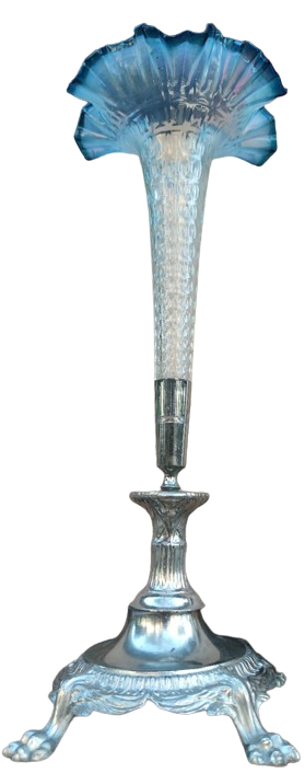 FRANSIZ ART NOUVEAU LALEDAN MARUL MAVİ OPAL CAMLI VAZO ALT KAİDE SİLVER PLATE