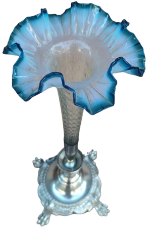 FRANSIZ ART NOUVEAU LALEDAN MARUL MAVİ OPAL CAMLI VAZO ALT KAİDE SİLVER PLATE