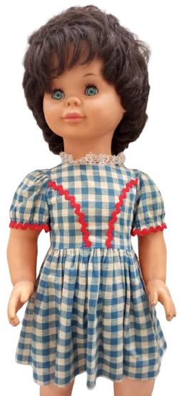 1970 LİSSİ BATZ MAVİ BEYAZ KARELİ ELBİSELİ 82 CM BOYUNDA ELBİSELİ KIZ BEBEK KIRMIZI AYAKKABILI OYUNCAK KIZ COCUK BEBEK SINIRLI ÜRETİM