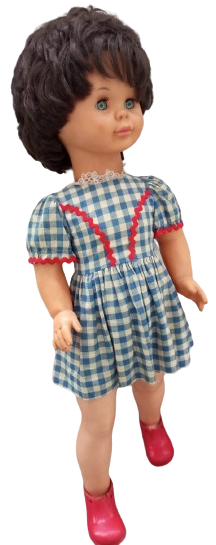 1970 LİSSİ BATZ MAVİ BEYAZ KARELİ ELBİSELİ 82 CM BOYUNDA ELBİSELİ KIZ BEBEK KIRMIZI AYAKKABILI OYUNCAK KIZ COCUK BEBEK SINIRLI ÜRETİM