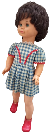 1970 LİSSİ BATZ MAVİ BEYAZ KARELİ ELBİSELİ 82 CM BOYUNDA ELBİSELİ KIZ BEBEK KIRMIZI AYAKKABILI OYUNCAK KIZ COCUK BEBEK SINIRLI ÜRETİM