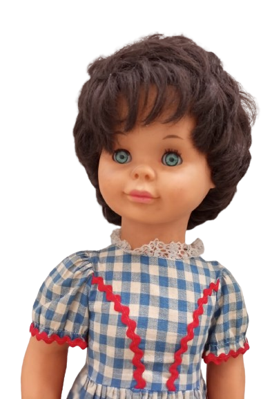 1970 LİSSİ BATZ MAVİ BEYAZ KARELİ ELBİSELİ 82 CM BOYUNDA ELBİSELİ KIZ BEBEK KIRMIZI AYAKKABILI OYUNCAK KIZ COCUK BEBEK SINIRLI ÜRETİM