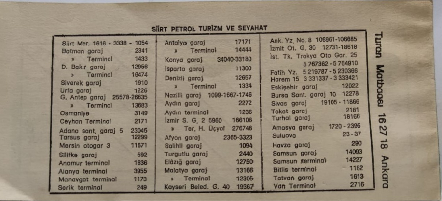 1973.04,20, TARİHLİ SİİRT PETROL TURİZM VE SEYAHAT EHİRLER ARASI YOLCU OTOBUS BİLETİ