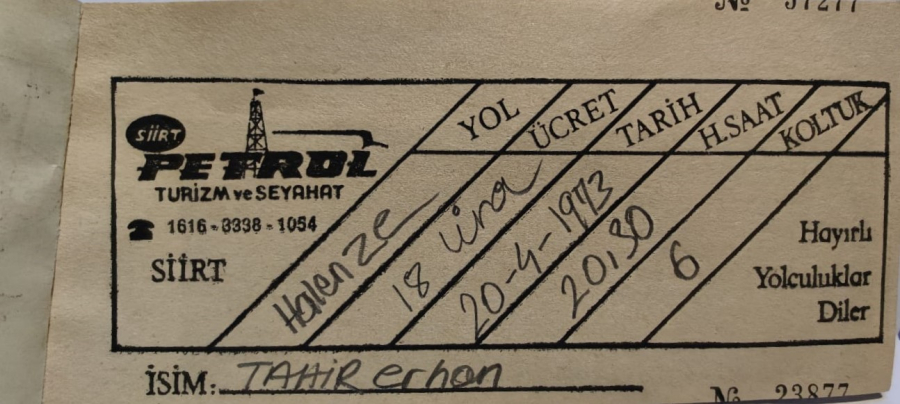 1973.04,20, TARİHLİ SİİRT PETROL TURİZM VE SEYAHAT EHİRLER ARASI YOLCU OTOBUS BİLETİ