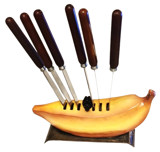 MEYVA BICAGI PORSELEN MUZ ALT GÜMÜŞ KAPLAMA KAİDELİ 6 ADET SAPLAR GALANIT İMPORT ROSTFRITT STAL DAMGALI UZERİNDE  MUZ SİNEGİ GÖRSELİ BULANAN TAKIM