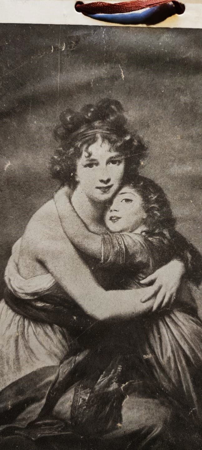 OSMANLI SİYAH BEYAZ  İLÜSTRASYON BASKI KARTONA YAPIŞTIRILMIŞ ASMA KURDELALI ANA KIZ 27 X 23  CM