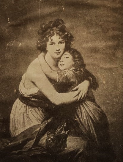 OSMANLI SİYAH BEYAZ  İLÜSTRASYON BASKI KARTONA YAPIŞTIRILMIŞ ASMA KURDELALI ANA KIZ 27 X 23  CM