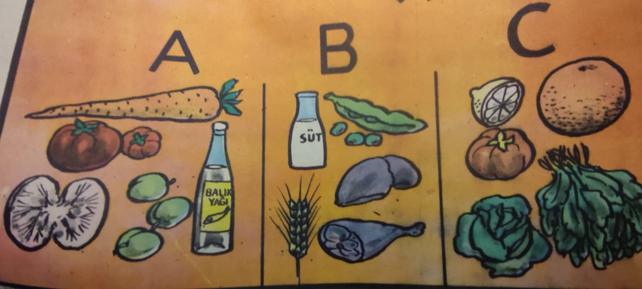 1980 ÖZYUREK YAYINEVİ TARAFINDAN BASILMIŞ RENKLİ TİFDRUK BASKI BESLENME TEMEL BESİN GURUPLARI İYİ BESLENME ALIŞKANLIKLARI VİTAMİNLER A B C D K 