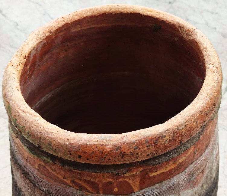 1930 TERRACOTTA  KUP SU SARAP  TURŞU YAG SIVİ  GIDA SAKLAMA KUPU PİSMİŞ TOPRAKDAN EL YAPIMI  İCİ DIŞI SIRLI UZERİ DESEN VE İŞLEMELİ