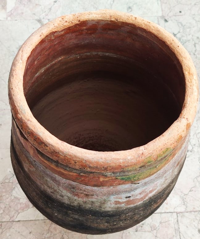 1930 TERRACOTTA  KUP SU SARAP  TURŞU YAG SIVİ  GIDA SAKLAMA KUPU PİSMİŞ TOPRAKDAN EL YAPIMI  İCİ DIŞI SIRLI UZERİ DESEN VE İŞLEMELİ