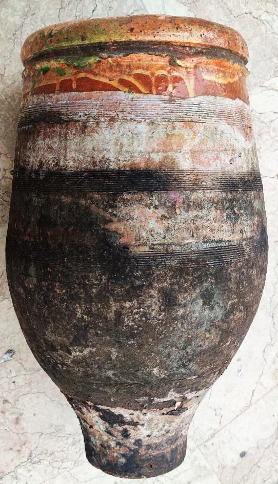 1930 TERRACOTTA  KUP SU SARAP  TURŞU YAG SIVİ  GIDA SAKLAMA KUPU PİSMİŞ TOPRAKDAN EL YAPIMI  İCİ DIŞI SIRLI UZERİ DESEN VE İŞLEMELİ