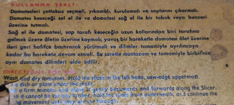 1960 BİLGE DOMATES KESİCİ AHŞAP SAPLI METAL ORJİNAL AMBALAJINDA YERLİ MALI MUTFAK ALETİ