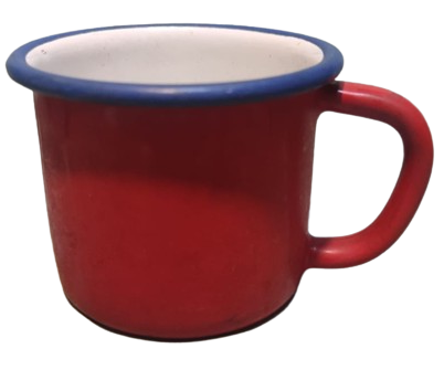 1960 DIŞI KIRMIZI İCİ BEYAZ AGIZ KISMI MAVİ EMAYE SIR KAPLAMA KULPLU KUPA ATIKSIZ 