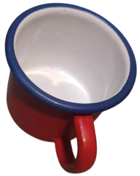 1960 DIŞI KIRMIZI İCİ BEYAZ AGIZ KISMI MAVİ EMAYE SIR KAPLAMA KULPLU KUPA ATIKSIZ 