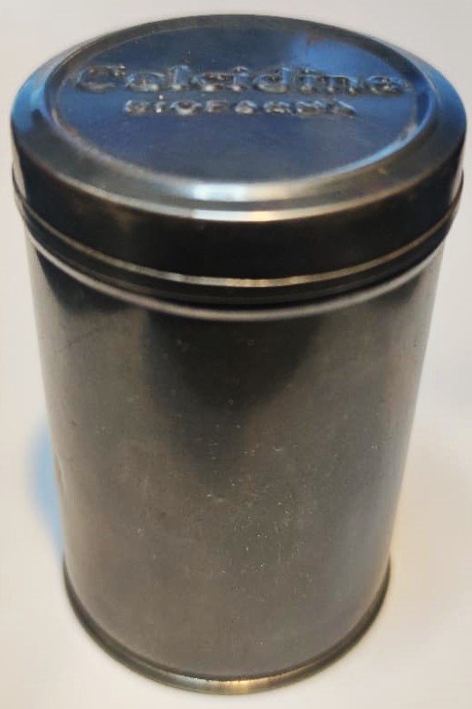 CALCİDİNE BİOFARMA TENEKE BOŞ KAPAKLI SİLİNDİR ŞEKLİNDE İLAC KUTUSU