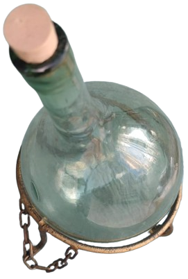 1900 EL YAPIM UFLEME ŞİŞE AGZI MANTARLI SIVI SAKLAMA KABI ŞİŞEŞİ SICAK DÖVME DEMİR ALTIGIYLA 