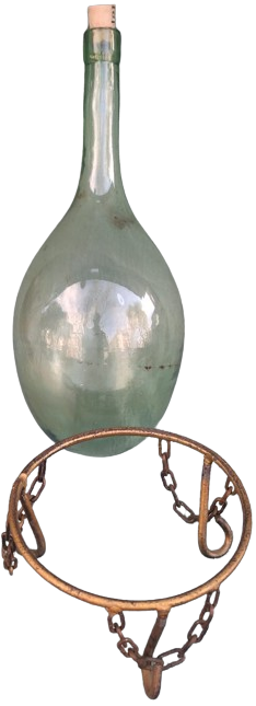 1900 EL YAPIM UFLEME ŞİŞE AGZI MANTARLI SIVI SAKLAMA KABI ŞİŞEŞİ SICAK DÖVME DEMİR ALTIGIYLA 