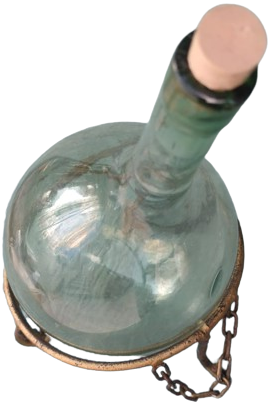 1900 EL YAPIM UFLEME ŞİŞE AGZI MANTARLI SIVI SAKLAMA KABI ŞİŞEŞİ SICAK DÖVME DEMİR ALTIGIYLA 