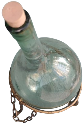 1900 EL YAPIM UFLEME ŞİŞE AGZI MANTARLI SIVI SAKLAMA KABI ŞİŞEŞİ SICAK DÖVME DEMİR ALTIGIYLA 