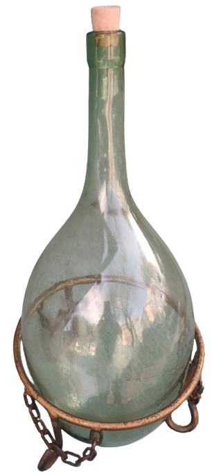 1900 EL YAPIM UFLEME ŞİŞE AGZI MANTARLI SIVI SAKLAMA KABI ŞİŞEŞİ SICAK DÖVME DEMİR ALTIGIYLA 