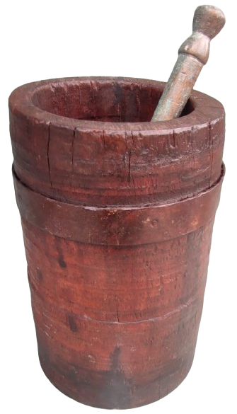 1900 OSMANLI KAHVE CEKİRDEGİ EZİCİ DİBEK DÖNEMİ KİRAZ AĞACINDAN YAPILMIŞ KENARLAR CELİK CEMBERLE SARILI  BRONZ ELİYLE BİRLİKTE AHŞAP DİBEK