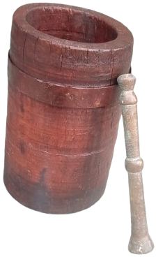 1900 OSMANLI KAHVE CEKİRDEGİ EZİCİ DİBEK DÖNEMİ KİRAZ AĞACINDAN YAPILMIŞ KENARLAR CELİK CEMBERLE SARILI  BRONZ ELİYLE BİRLİKTE AHŞAP DİBEK