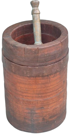 1900 OSMANLI KAHVE CEKİRDEGİ EZİCİ DİBEK DÖNEMİ KİRAZ AĞACINDAN YAPILMIŞ KENARLAR CELİK CEMBERLE SARILI  BRONZ ELİYLE BİRLİKTE AHŞAP DİBEK