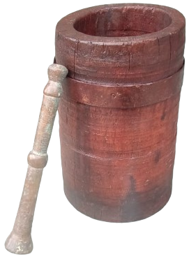 1900 OSMANLI KAHVE CEKİRDEGİ EZİCİ DİBEK DÖNEMİ KİRAZ AĞACINDAN YAPILMIŞ KENARLAR CELİK CEMBERLE SARILI  BRONZ ELİYLE BİRLİKTE AHŞAP DİBEK