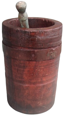 1900 OSMANLI KAHVE CEKİRDEGİ EZİCİ DİBEK DÖNEMİ KİRAZ AĞACINDAN YAPILMIŞ KENARLAR CELİK CEMBERLE SARILI  BRONZ ELİYLE BİRLİKTE AHŞAP DİBEK