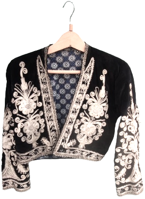 1900 OSMANLI İZMİR YORESİ EFE İŞİ LACİVERT KADİFE ASTARLI SIRMALI CEPKEN UZERİ KOLLARI İŞLEMELİ TAMAMI ELDE İŞLENİP DİKİLMİŞTİR 