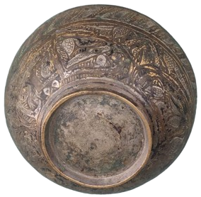 1940 ÜZERİ ÇİNTEMANİ İŞÇİLİKLİ OSMANLI DÖNEMİ ÜZERİ TAMAMEN EL KAZIMA YAZILMIŞ İŞLEMELİ ŞİFA TASI İÇERSİ KALAYLANMIŞ TAS