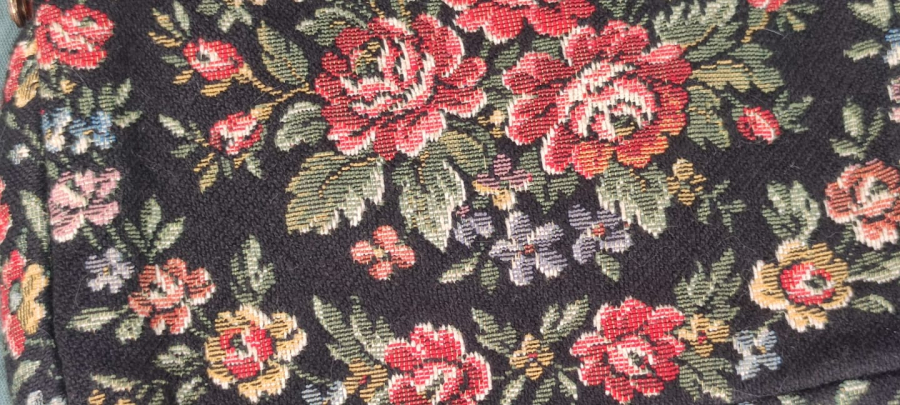  1950 FRANSIZ GOBLEN CANTA EL DOKUMA ÜZERİ CİCEK DESENLİ METAL ACMA KAPAMALI ASKILI BAYAN EL ÇANTASI