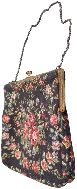  1950 FRANSIZ GOBLEN CANTA EL DOKUMA ÜZERİ CİCEK DESENLİ METAL ACMA KAPAMALI ASKILI BAYAN EL ÇANTASI