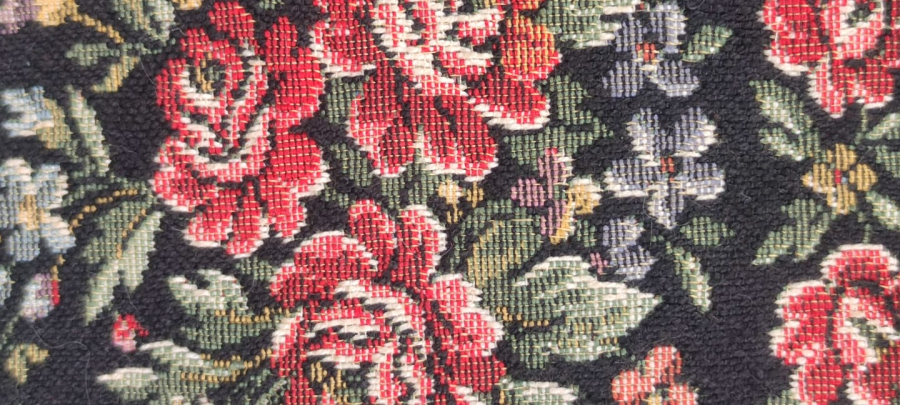  1950 FRANSIZ GOBLEN CANTA EL DOKUMA ÜZERİ CİCEK DESENLİ METAL ACMA KAPAMALI ASKILI BAYAN EL ÇANTASI