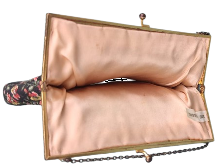  1950 FRANSIZ GOBLEN CANTA EL DOKUMA ÜZERİ CİCEK DESENLİ METAL ACMA KAPAMALI ASKILI BAYAN EL ÇANTASI