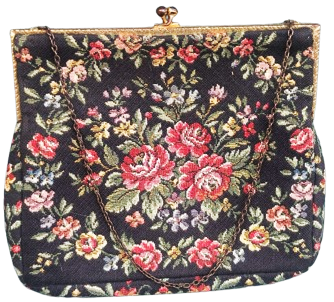  1950 FRANSIZ GOBLEN CANTA EL DOKUMA ÜZERİ CİCEK DESENLİ METAL ACMA KAPAMALI ASKILI BAYAN EL ÇANTASI