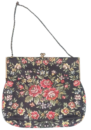  1950 FRANSIZ GOBLEN CANTA EL DOKUMA ÜZERİ CİCEK DESENLİ METAL ACMA KAPAMALI ASKILI BAYAN EL ÇANTASI