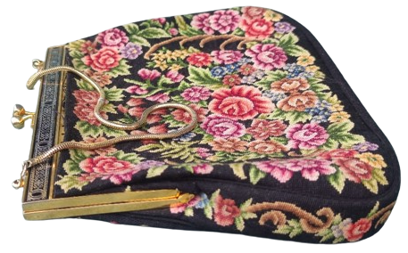 1950 FRANSIZ GOBLEN CANTA EL DOKUMA ÜZERİ CİCEK DESENLİ METAL ACMA KAPAMALI ASKILI BAYAN EL ÇANTASI