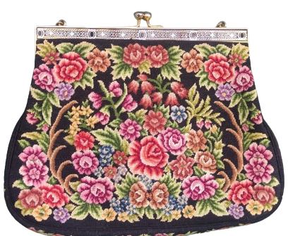 1950 FRANSIZ GOBLEN CANTA EL DOKUMA ÜZERİ CİCEK DESENLİ METAL ACMA KAPAMALI ASKILI BAYAN EL ÇANTASI